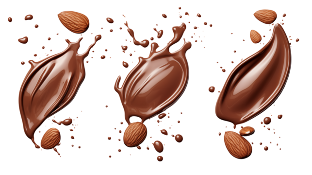 Delicious chocolate splashes surround almonds isolated on transparent background providing a rich, appetizing food scene.
