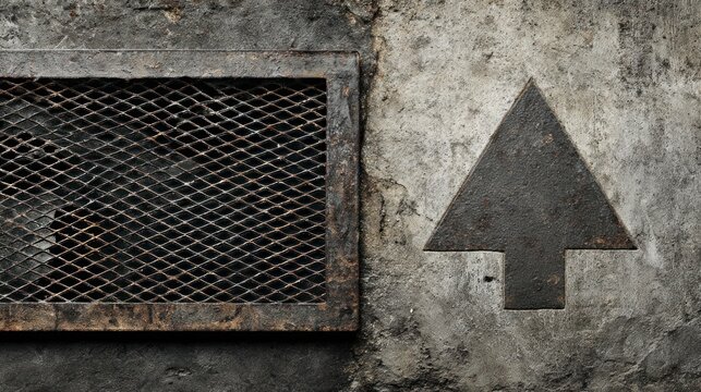 Grungy gray wall with rusty metal vent and pointing arrow