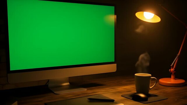 Night desk setup with green screen computer monitor and cozy ambient lighting