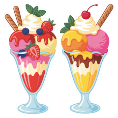 Two Colorful Ice Cream Sundaes with Fruits