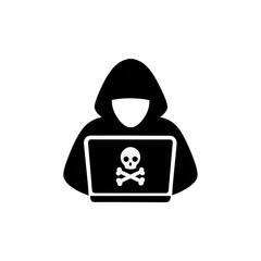 Hacker with Laptop and Skull Symbol
