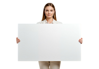 Businesswoman holding a blank sign with copy space on transparent background 