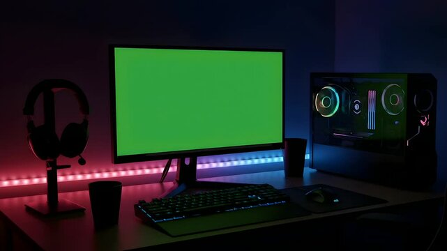 Gaming computer setup with green screen monitor and vibrant chroma lighting