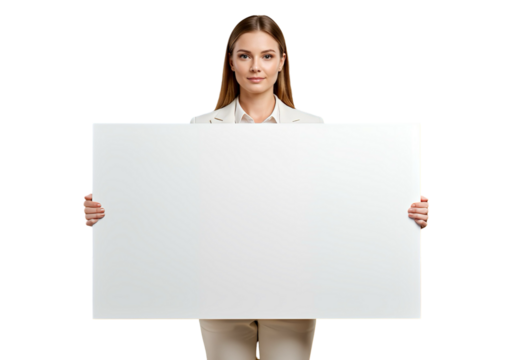 Businesswoman holding a blank sign with copy space on transparent background 
