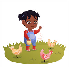 Illustration of a child doing gardening and animal husbandry