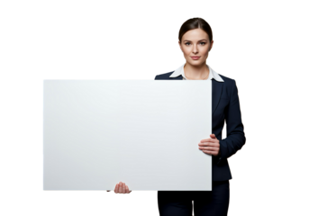 Businesswoman holding a blank sign with copy space on transparent background