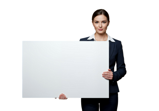 Businesswoman holding a blank sign with copy space on transparent background 