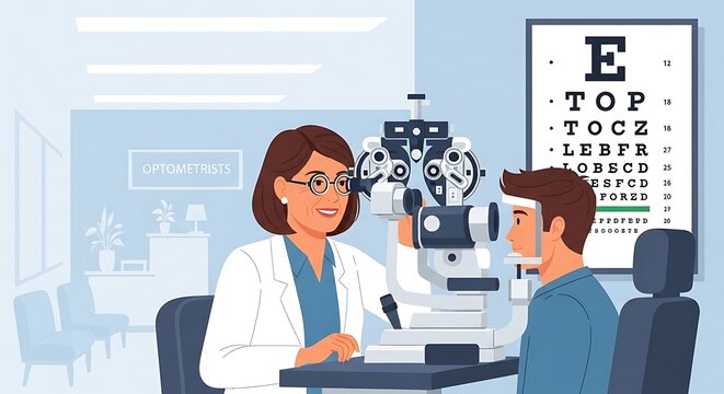 Flat vector of eye test at optometrist clinic with eye chart, doctor, and patient
