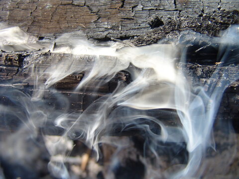 Smoke swirling out from a smouldering log