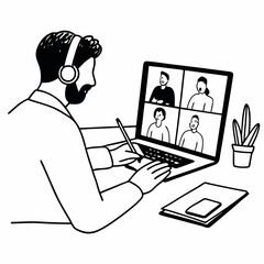 Focused 35s man sit at desk wear headphones watch webinar use laptop gain new knowledge writing notes. Video conference communication, negotiation remotely, study online, e-learn, self-educate concept