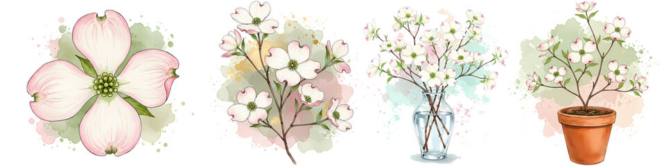 Watercolor dogwood flower illustration set for spring design and floral art projects, hundred characters on transparent background