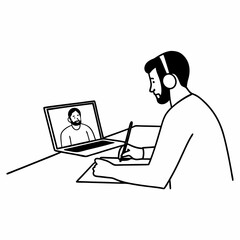 Focused 35s man sit at desk wear headphones watch webinar use laptop gain new knowledge writing notes. Video conference communication, negotiation remotely, study online, e-learn, self-educate concept