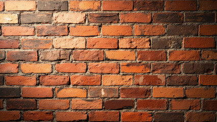 Fototapeta premium Close up view of a weathered brick wall with various shades of red brown and orange bricks arranged in a classic pattern
