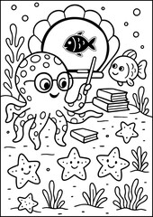 Coloring book page. This wise octopus teaches sea creatures with love and knowledge!