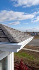 Detailed view of asphalt shingle roof eaves with gutter on a sunny day.