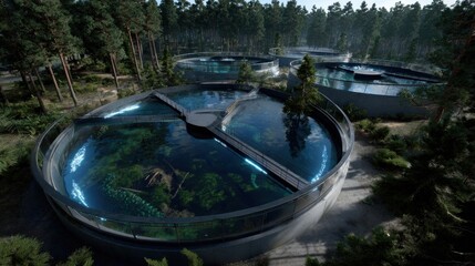 Aquatic habitat research facility forest location aerial view nature environment innovative concept