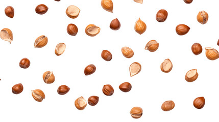Scattered hazelnuts isolated on transparent background creates a simple and clean food background with transparent potential.