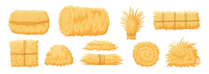 Dry farm haystack, bale, pile and heap stack, straw in rolls, fodder bundle, sack bag isolated agricultural set. Rural haycock, countryside grass, wheat or rye haymow and farming vector illustration © lupascoroman