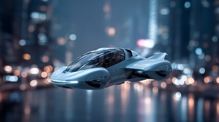 Futuristic flying car over a blurred city landscape at dusk symbolizing innovation