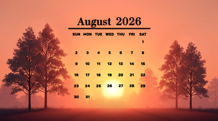 August 2026 calendar set against a serene summer sunset sky with silhouettes of tall trees. Warm seasonal design perfect for planners, prints, and nature-themed projects.
