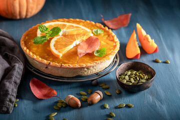 Homemade pumpkin tart made of jam, pumpkins and oranges.