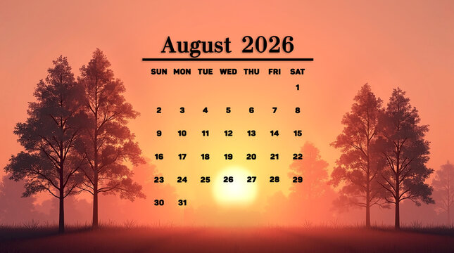 August 2026 calendar set against a serene summer sunset sky with silhouettes of tall trees. Warm seasonal design perfect for planners, prints, and nature-themed projects.
