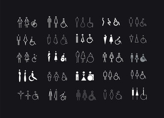 WC icons, stylish and modern design for male, female, accessible restrooms drawing on black bg. © anna42f