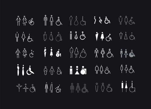 WC icons, stylish and modern design for male, female, accessible restrooms drawing on black bg.