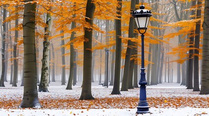 Enchanting autumn forest path with vintage lamp post under a fresh snowfall creating a magical scene