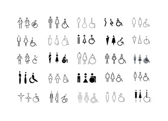 WC icons, stylish and modern design for male, female, accessible restrooms drawing on white bg. © anna42f