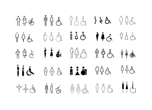 WC icons, stylish and modern design for male, female, accessible restrooms drawing on white bg.