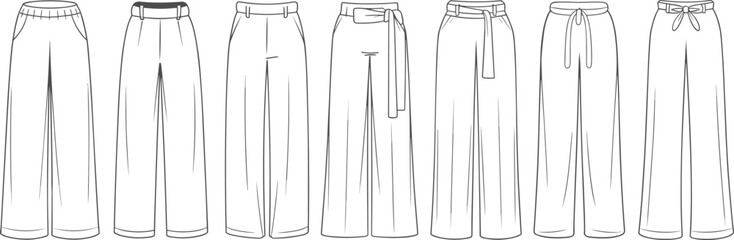 Women’s wide leg pants flat fashion sketch, trouser design templates, waistband and belt detail technical drawing for apparel designers flat vector illustration