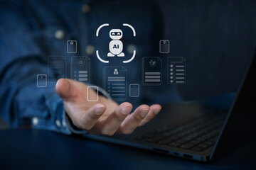 The Business man using AI robots to help analyze and increase efficiency in business