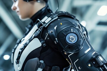 Futuristic robot with advanced tech helmet in sci-fi environment