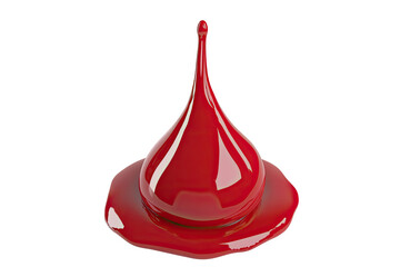 Red liquid drop, glossy, teardrop shape, sits on a pool of the same liquid