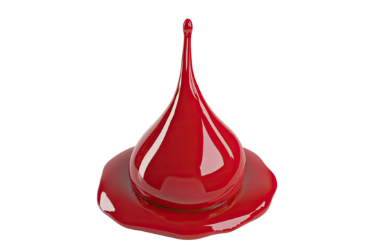 Red liquid drop, glossy, teardrop shape, sits on a pool of the same liquid