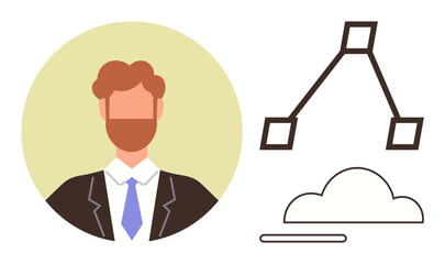 Portrait of a professional man, abstract workflow diagram, and cloud symbol, suggesting organization, connectivity, and technology. Ideal for teamwork, management, networking automation planning