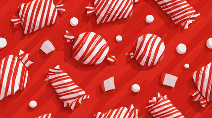 Obraz premium Candy cane seamless pattern with a Christmas striped red background, featuring a cute caramel package print and Xmas holiday diagonal lines, along with peppermint wrapping texture, abstract geometric