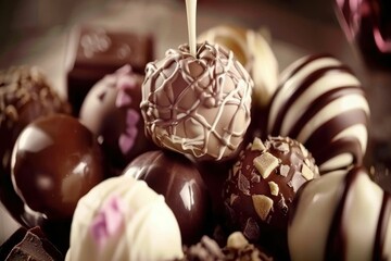 Assorted chocolate truffles with colorful decorations displayed at a dessert shop
