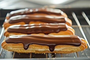 Delicious cream-filled pastries with chocolate glaze and whipped cream on rustic table