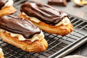 Delicious cream-filled pastries with chocolate glaze and whipped cream on rustic table