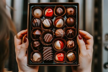 Delicious assortment of handmade chocolates presented in a decorative tray at a local confectionery shop