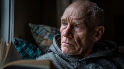 Reflecting thoughts of an elderly man reading at home intimate portrait cozy atmosphere close-up perspective