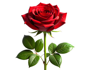 Fototapeta premium Realistic Ruby Red Rose with Dew Drops and Green Leaves Isolated on Transparent Background PNG