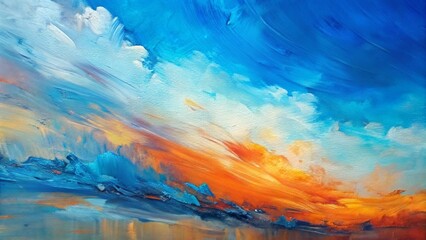 Abstract oil painting, sky blue, orange color brush strokes background, wallpaper, paint texture, bold art, expressive artwork, fine realistic detail, modern style, evoking vibrant emotions, feelings
