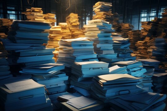 Stacks of paperwork filling an abandoned room, creating a messy and disorganized archive