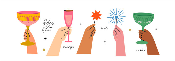 Cheers Celebration Art. Vector illustration of hands celebrating with cocktails, champagne glass and sparklers. Perfect for New Year, party invitation and invite or festive design. Trendy and fun.