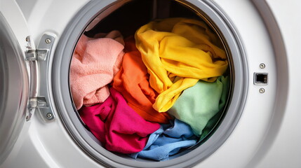 Colorful clothes inside a washing machine, ready for a wash cycle. Home appliance for laundry. Household chore and daily routine.