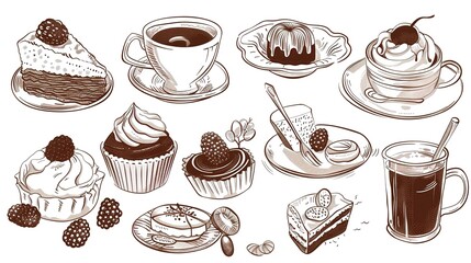 Whimsical Hand-Drawn Coffee & Dessert Illustrations: A Cozy Blend of Sketched Lattes, Fluffy Cakes, and Rustic Sweets – Capturing the Warmth of Café Treats with Imperfect Lines and Watercolor Hues