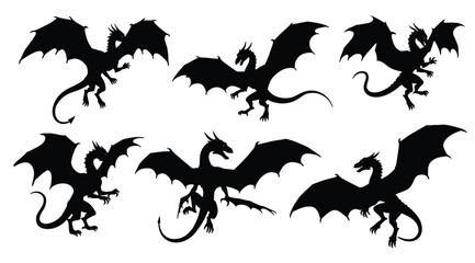 Silhouette collection of flying dragons with wings spread, mythical fantasy creatures, vector illustration, isolated black dragon shapes on white background